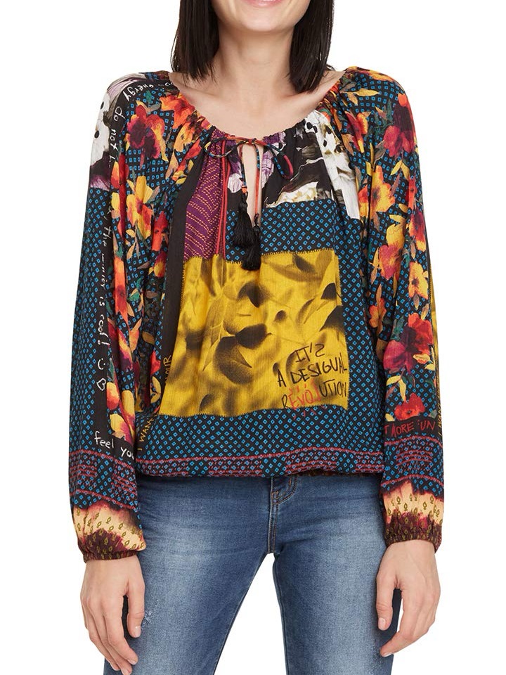 Desigual Wanda Mix Print Long Sleeve Blouse Blue Art To Wear Patchwork Shirt M